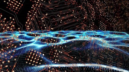 Wall Mural - digital animation of microprocessor connections over blue digital waves against black background