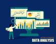 © Jegos - Flat vector illustration of a person analyzing data on a computer screen with charts, graphs, and reports, symbolizing business intelligence and analytics.