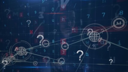 Wall Mural - network of digital icons and cyber security data processing over caucasian male hacker using laptop