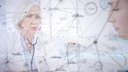 Wall Mural - animation of network of connections with icons over female caucasian women with patient