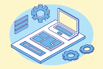 Isometric illustration of laptop and gears representing web development and coding vector