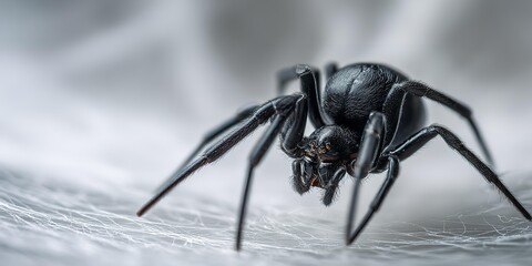 A black spider is on a white surface