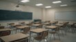 ©  AugmentArt - Blurred image of an empty classroom with desks and chairs, no students or instructors visible