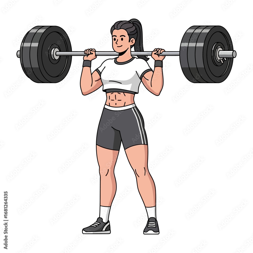 Strength and Determination: An illustrated woman embodies power as she conquers a heavy barbell, representing strength, fitness, and a relentless dedication to personal goals.