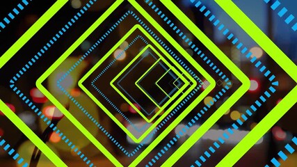 Wall Mural - animation of yellow and blue squares moving over blurred night cityscape