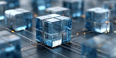 Transparent blue glass cube with bubbles on reflective surface with metallic lines and blurred cubes in background, creating futuristic feel