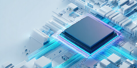 Microchip with glowing blue circuits on futuristic motherboard, technology concept with clean design and soft lighting