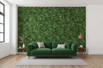 Wall Mural - living room scene with green sofa and decorative elements against a green wall, 3d visualization