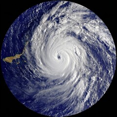 Wall Mural - Hurricane viewed from space showing swirling storm clouds and eye over ocean near landmass aerial shot