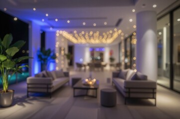 Wall Mural - blurred string lights decorating an indoor patio area, artistic photo.
