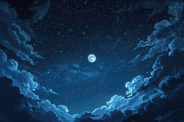 Wall Mural - Nighttime scene illuminated by a glowing full moon, featuring a magical sky filled with stars and clouds in an illustrated style