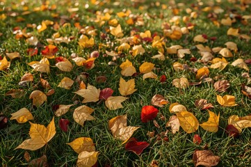 Wall Mural - Yellow and Red Leaves Scattered Over a Natural Ground Cover