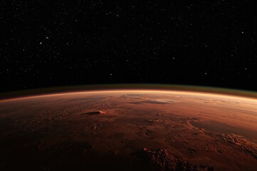 Wall Mural - orbital view of a red planet, panoramic scene, alien terrain, dawn lighting, digital art