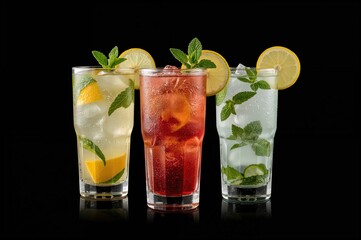 Wall Mural - refreshing lemon and orange cocktails with mint on a dark backdrop, perfect for adding text space