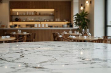 Wall Mural - blurred background of a kitchen cafe with a marble tabletop in focus