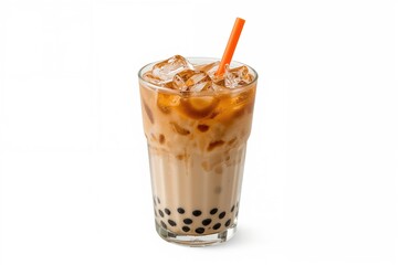 Wall Mural - chilled milky tea with orange and black ice cubes served in a circular glass against a white backgro