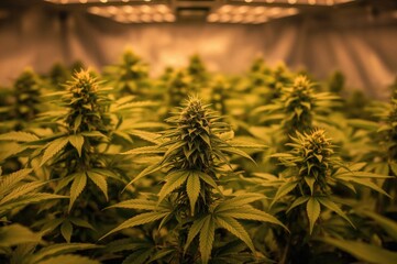 Wall Mural - cannabis buds cultivated indoors with specialized lighting. the image depicts the warm illumination 