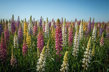 Wall Mural - A vibrant lupine meadow filled with multicolored blossoms under bright sunshine