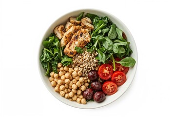 Wall Mural - a nutritious buddha bowl with kale, quinoa, grilled chicken, chickpeas, avocado, spinach, tomatoes, 