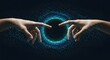 © Nique - Double exposure of hands interlaced with luminous data particles.