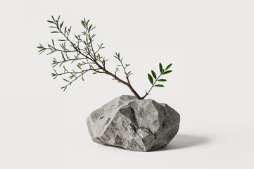 Wall Mural - premium display setup featuring a branch, leaf, or item placed on a pedestal atop a rock against a s