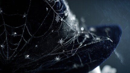 A close-up of a black witch hat with silver spiderwebs, glowing under moonlight, creating a magical Halloween atmosphere.