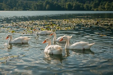 flock of aquatic birds swimming in a natural lake environment