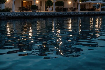 Wall Mural - evening tranquility captured in the mirrored surface of serene coastal waters with a terrace view.