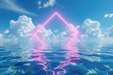 Wall Mural - Abstract glowing neon backdrop featuring clouds, illuminated rhombus frame, and water elements. Surreal ocean scene