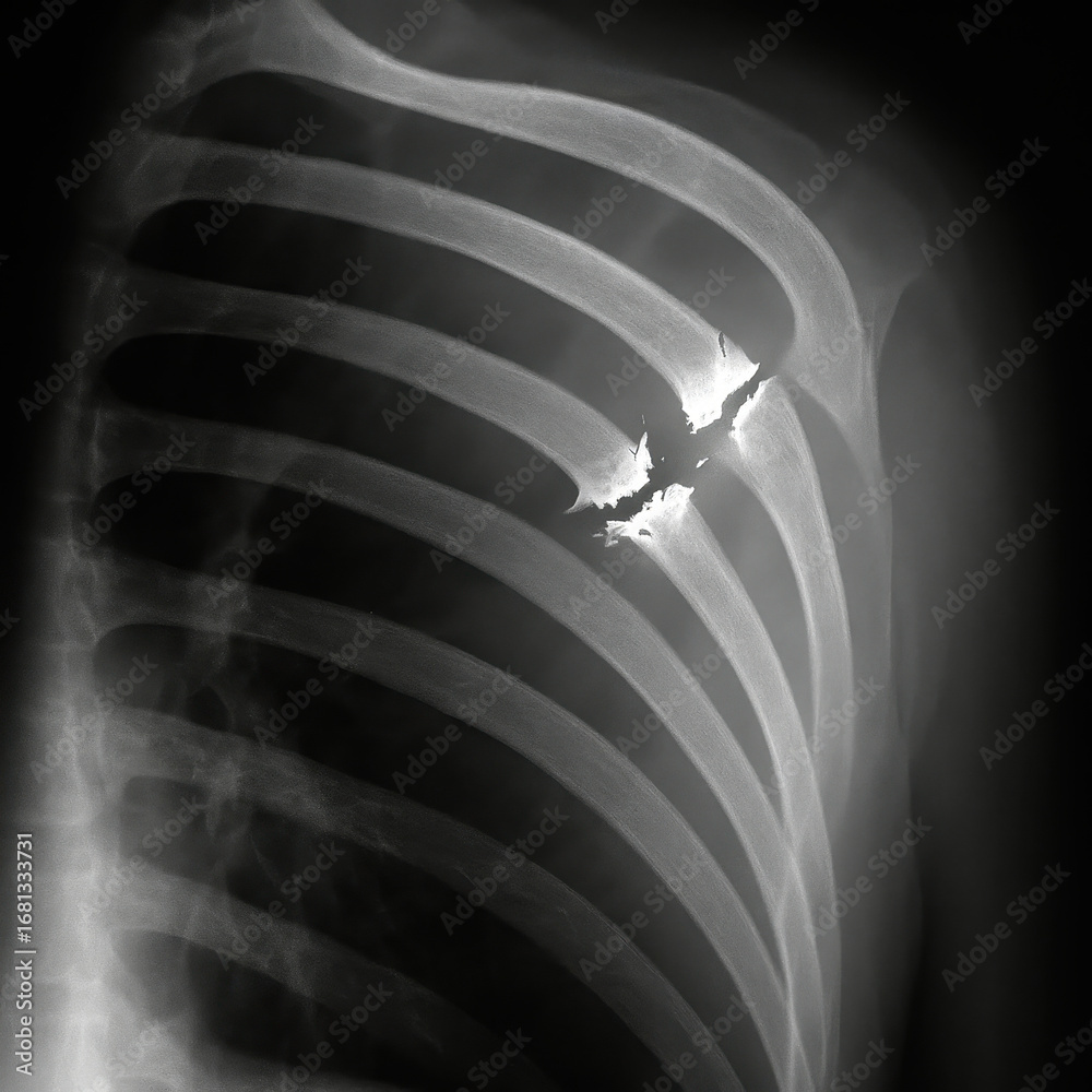 X-ray style generative ai illustration of fractured ribs, showing break ...
