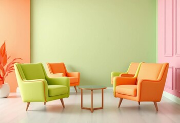 Wall Mural - Pastel green, orange, & pink armchairs in a minimalist light green room with painted walls,  calm,  green