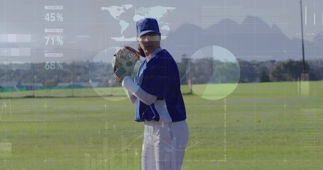 Wall Mural - animation of data processing over caucasian female baseball player