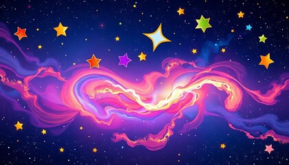 Wall Mural - Vibrant cartoon stars, swirling nebulae, cosmic dust, night sky, milky way, galaxy