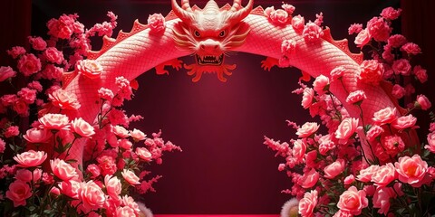 Wall Mural - Coral dragon archway, peony blossoms, theatrical installation,  decoration,  coral