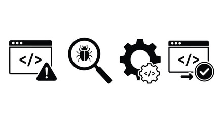 Software development debugging testing and optimization concepts icons representing code issues solutions