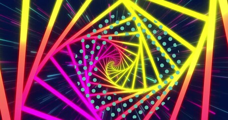 Wall Mural - animation of green dots over neon shapes and light trails on black background