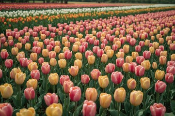 Canvas Print - wide-angle shot of diverse vibrant tulip blooms on a farm in spring