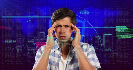 Wall Mural - animation of digital city and data processing over caucasian man thinking