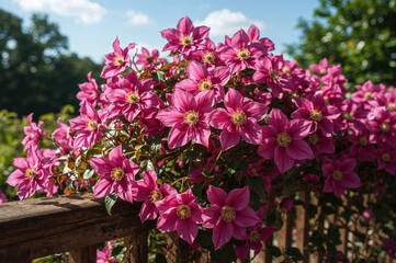 Canvas Print - outdoor railing adorned with pink clematis remembrance vine blossoms basking in sunlight
