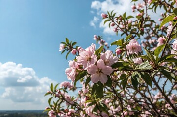 Canvas Print - pink blossoms against a clear sky with a tree backdrop, isolated in a natural spring landscape frame