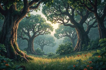 Wall Mural - Sunrise over a charming forest in cartoon and anime style