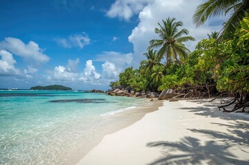Wall Mural - Daytime scenery of a stunning tropical beach adorned with mangroves, coconut palms, white sands, rocks, and large surf waves.