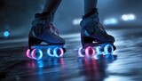 High quality photo of legs on roller skates with glowing neon wheels in the dark.