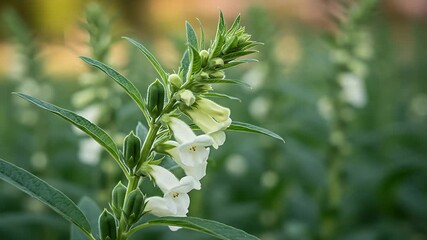 Delicate sesame seed flower bloom in a farm, a close-up view of white petals and green leaves