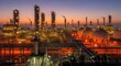 © UnPhouvith - A large industrial oil refinery at sunset with illuminated towers and storage tanks.