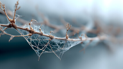 A delicate spiderweb clings to a bare branch against a blurred background.