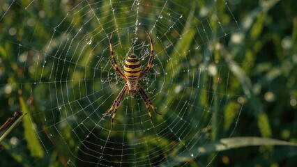 Wall Mural - Dew-covered web spun by Argiope bruennichi at sunrise