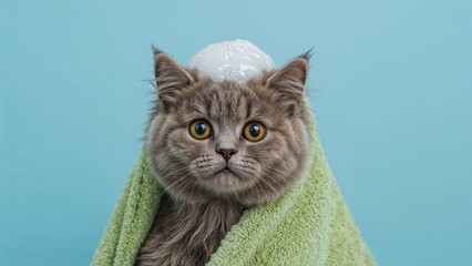 Wall Mural - cute fluffy cat with soap bubbles on its head, freshly washed and cozy in a towel