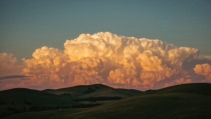 Wall Mural - radiant summer sundown with impressive cumulonimbus clouds looming over the landscape