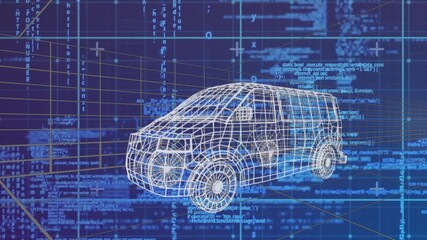 Wall Mural - animation of 3d car drawing driving with data processing over grid